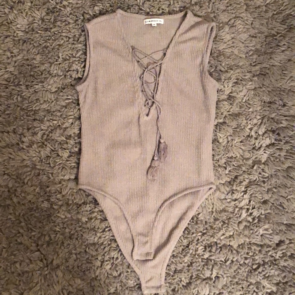 ASOS Grey Tie Up Ribbed Tassel Bodysuit